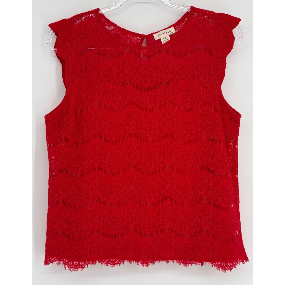 Monteau Los Angeles Womens Red Floral Lace Sleeveless Blouse Scalloped Hem Sz XL